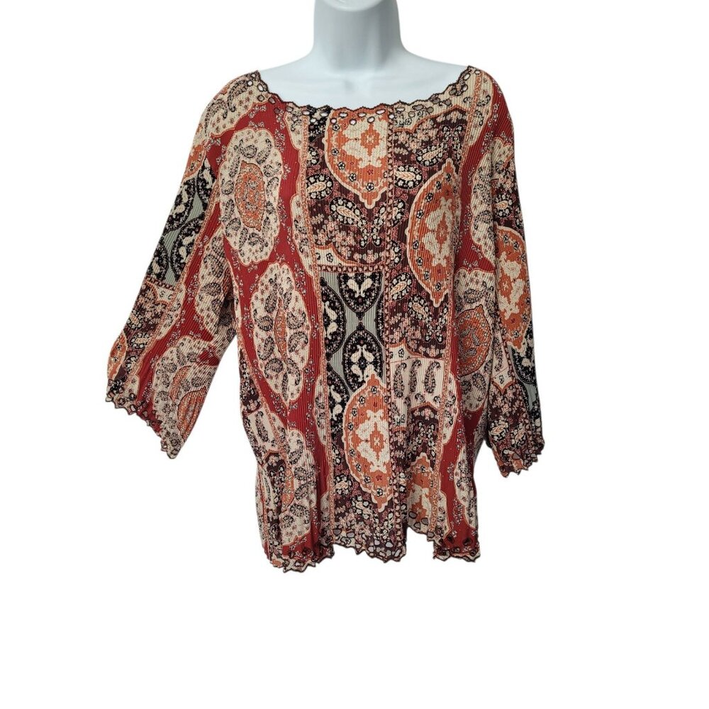 Womens Blouse 1X Crinkle 3/4 Bell Sleeve Artsy Paisley Print Flowy Boho Cutwork